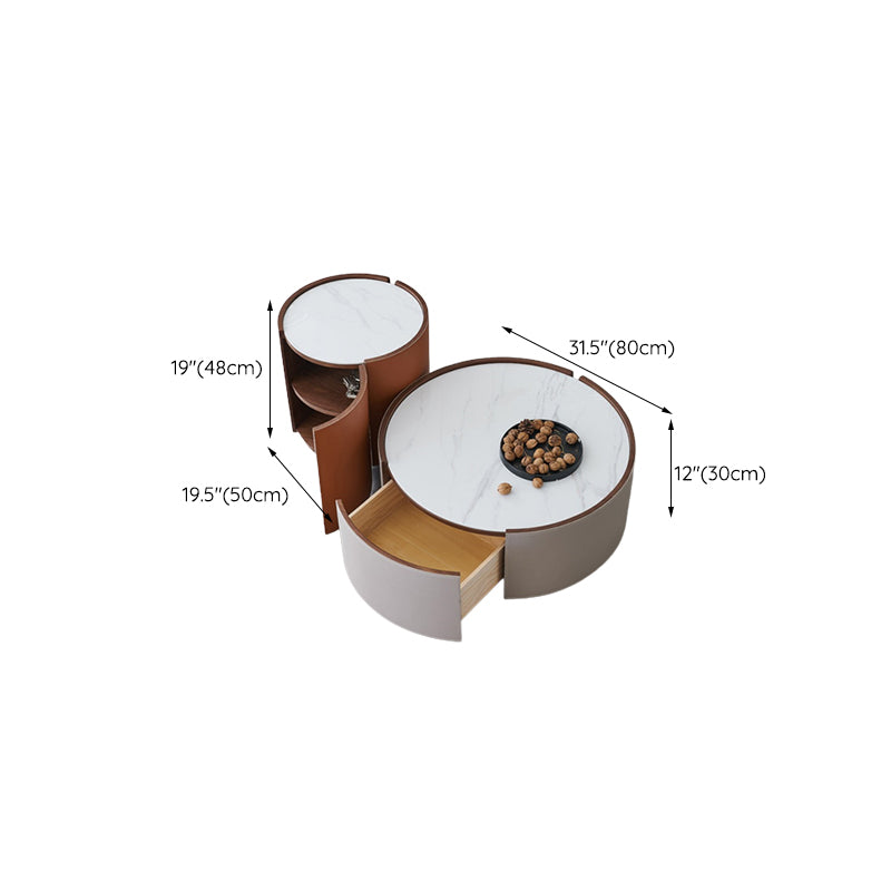 Contemporary Round Coffee Table Leather and Stone Coffee or End Table Drum