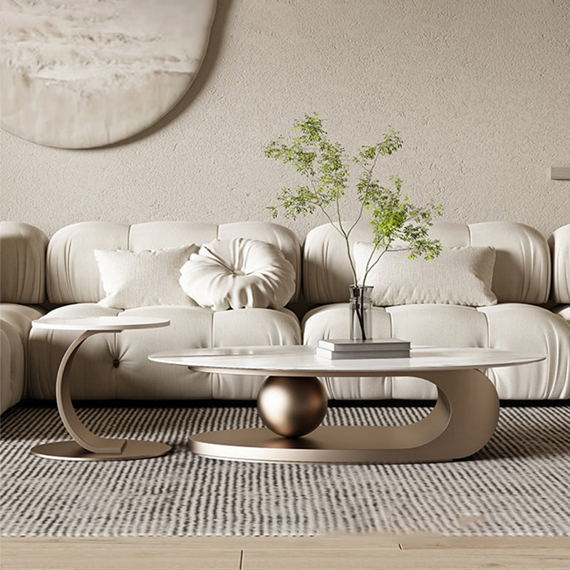 Glam Slate Pedestal Coffee Table Oval White Coffee Table Set