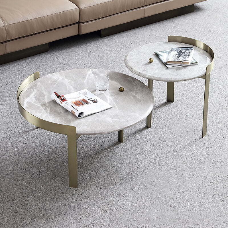 Glam Slate Coffee Table Round Beige Coffee Table Set with 3 Legs