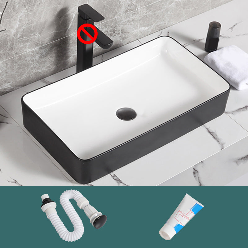 Contemporary Bathroom Sink Porcelain Pop-Up Drain Rectangular Vessel Bathroom Sink