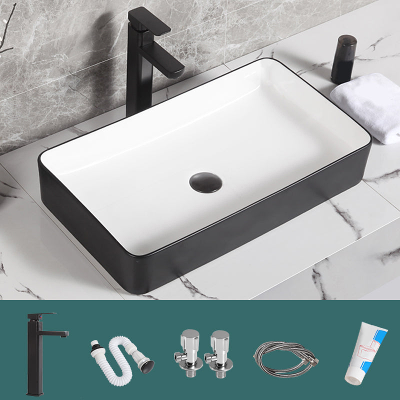 Contemporary Bathroom Sink Porcelain Pop-Up Drain Rectangular Vessel Bathroom Sink