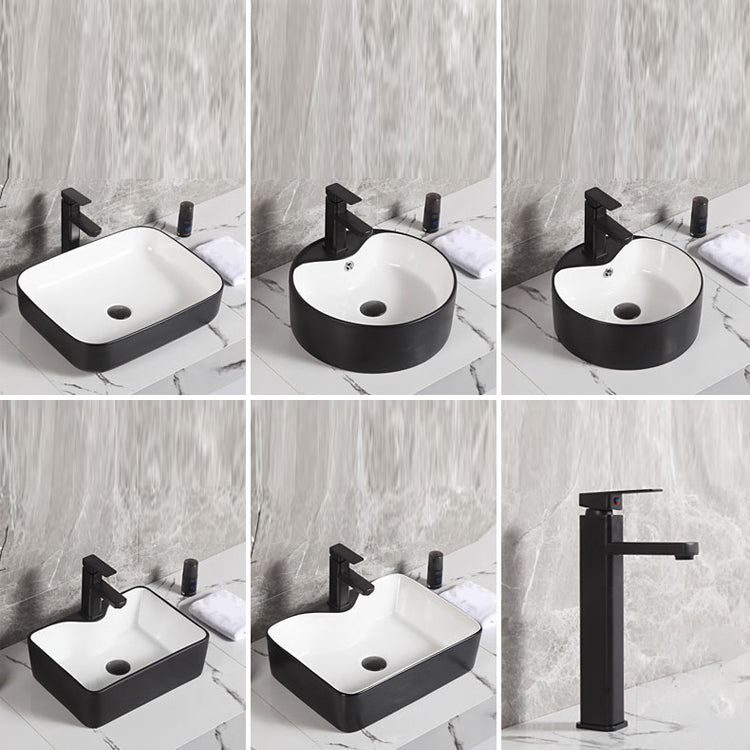 Contemporary Bathroom Sink Porcelain Pop-Up Drain Rectangular Vessel Bathroom Sink