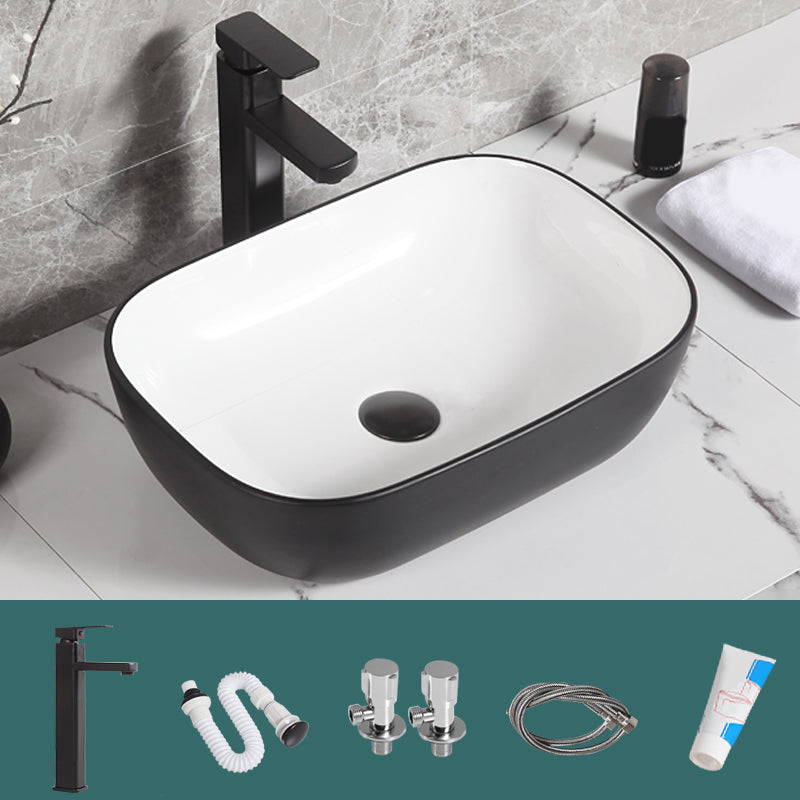 Contemporary Bathroom Sink Porcelain Pop-Up Drain Rectangular Vessel Bathroom Sink