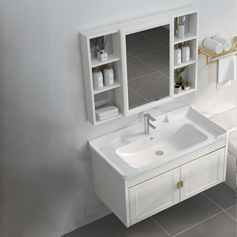 Single Sink Vanity Set Mirror Wall Mount Metal Frame Rectangle Bath Vanity with 2 Doors