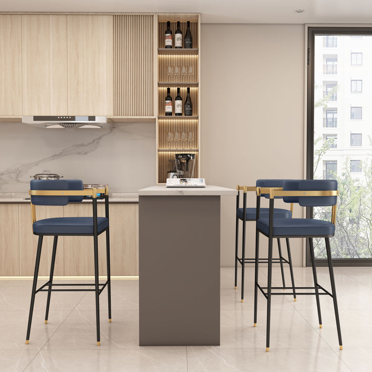 Leather Bar Stool Glam Backrest Counter Stool for Living Room with Black Legs