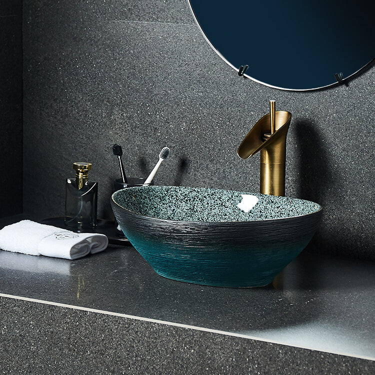 Traditional Vessel Sink Vitreous China Oval with Pop-Up Drain Bathroom Sink