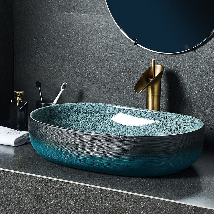 Traditional Vessel Sink Vitreous China Oval with Pop-Up Drain Bathroom Sink