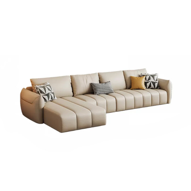 Contemporary Square Arm Loose Back Sofa and Chaise Beige Faux Leather U Sofa