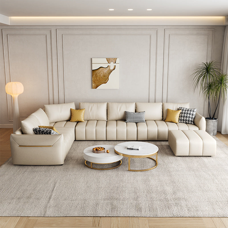 Contemporary Square Arm Loose Back Sofa and Chaise Beige Faux Leather U Sofa