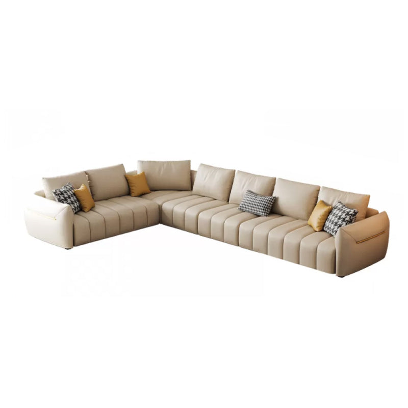 Contemporary Square Arm Loose Back Sofa and Chaise Beige Faux Leather U Sofa