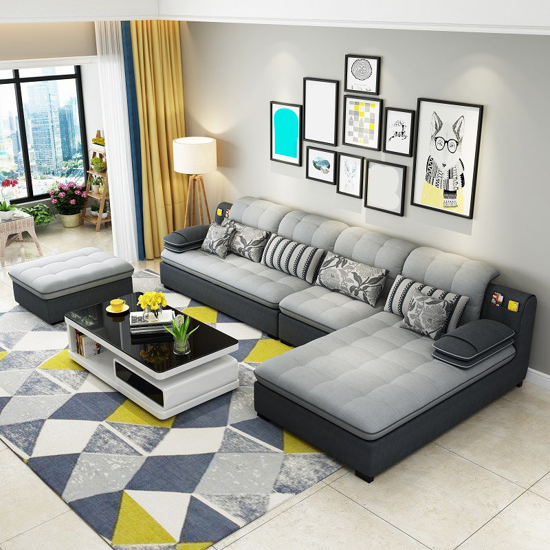 Farmhouse Linen Sofa with Chaise Pillow Top Arm 4-Seater Sofa