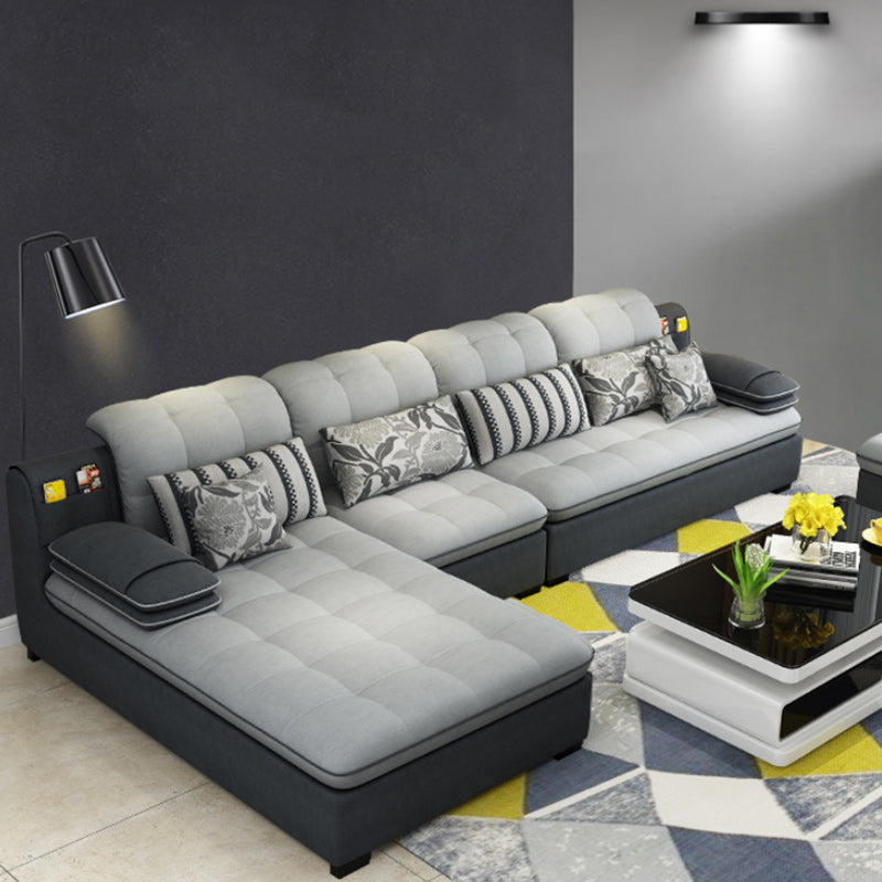 Farmhouse Linen Sofa with Chaise Pillow Top Arm 4-Seater Sofa