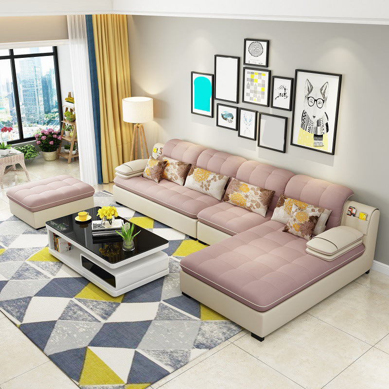 Farmhouse Linen Sofa with Chaise Pillow Top Arm 4-Seater Sofa