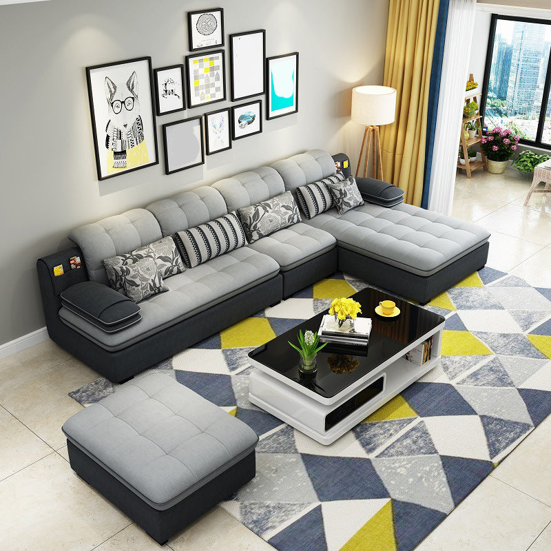 Farmhouse Linen Sofa with Chaise Pillow Top Arm 4-Seater Sofa