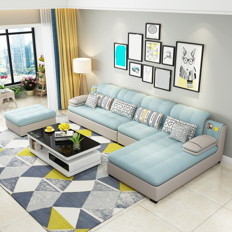 Farmhouse Linen Sofa with Chaise Pillow Top Arm 4-Seater Sofa