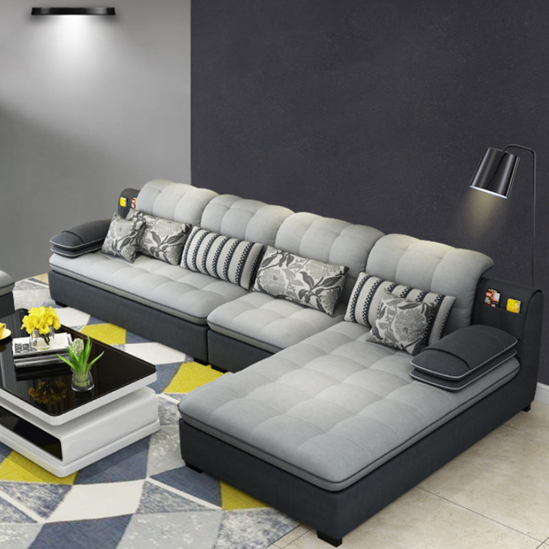 Farmhouse Linen Sofa with Chaise Pillow Top Arm 4-Seater Sofa