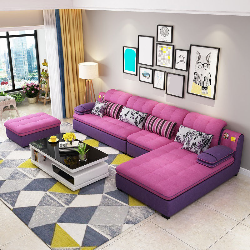 Farmhouse Linen Sofa with Chaise Pillow Top Arm 4-Seater Sofa