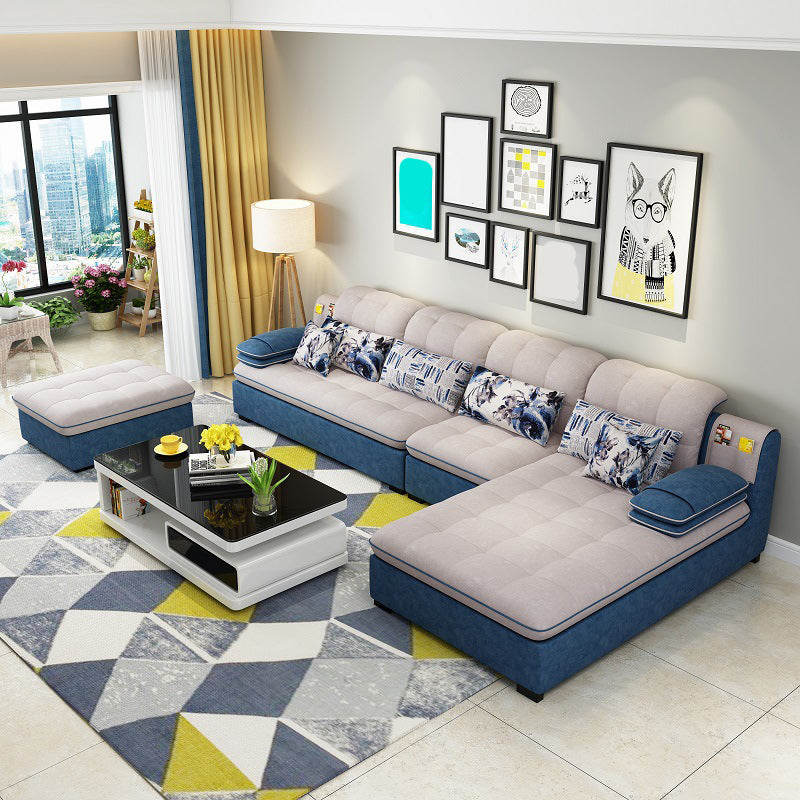 Farmhouse Linen Sofa with Chaise Pillow Top Arm 4-Seater Sofa