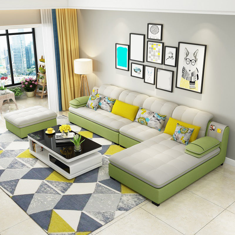 Farmhouse Linen Sofa with Chaise Pillow Top Arm 4-Seater Sofa