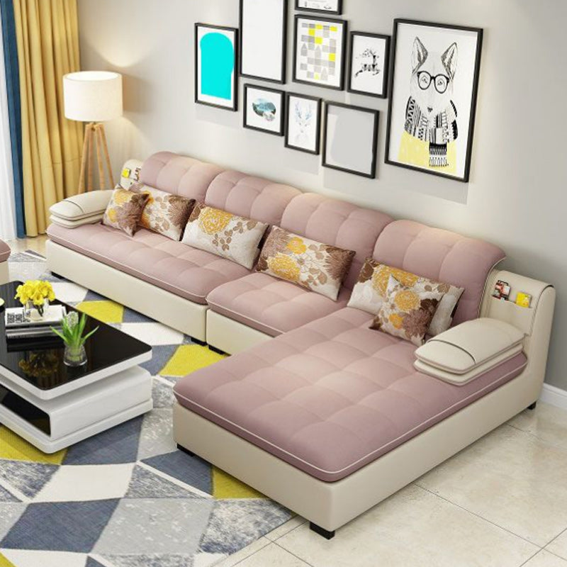 Farmhouse Linen Sofa with Chaise Pillow Top Arm 4-Seater Sofa