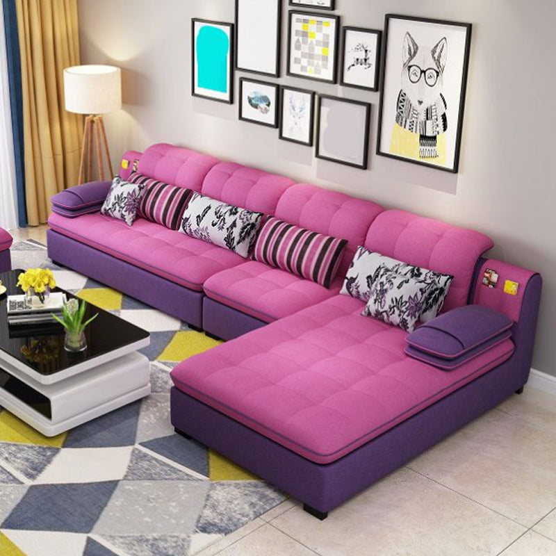 Farmhouse Linen Sofa with Chaise Pillow Top Arm 4-Seater Sofa