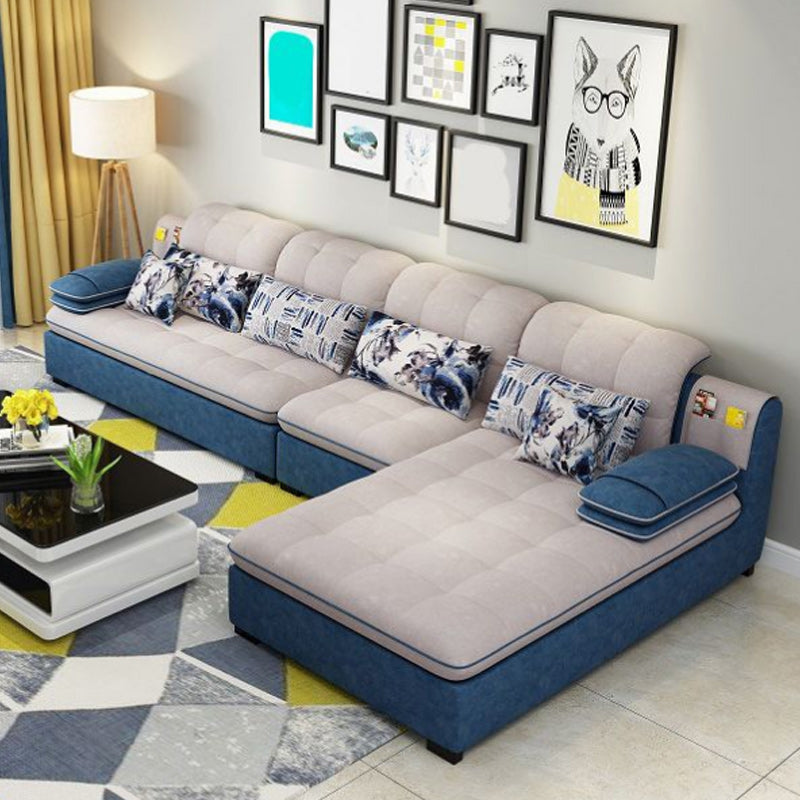 Farmhouse Linen Sofa with Chaise Pillow Top Arm 4-Seater Sofa