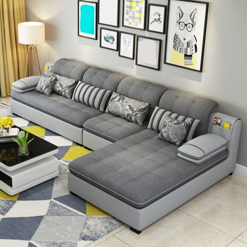 Farmhouse Linen Sofa with Chaise Pillow Top Arm 4-Seater Sofa