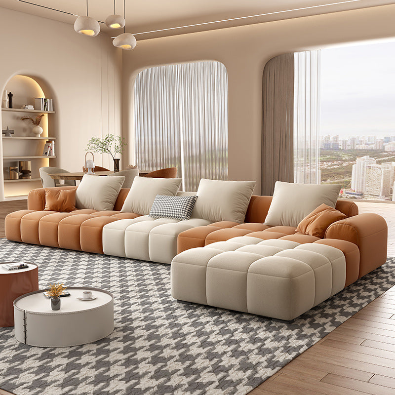 Recessed Arm Sofa Contemporary L Faux Leather Sofa with Pillows