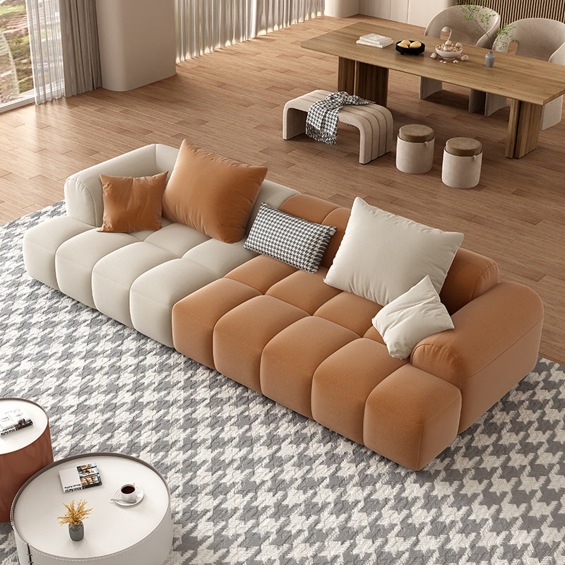 Recessed Arm Sofa Contemporary L Faux Leather Sofa with Pillows