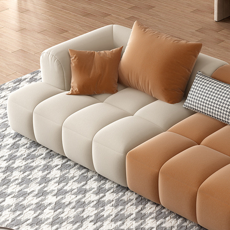 Recessed Arm Sofa Contemporary L Faux Leather Sofa with Pillows