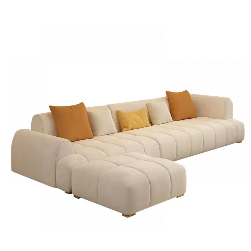 Recessed Arm Sofa Contemporary L Faux Leather Sofa with Pillows