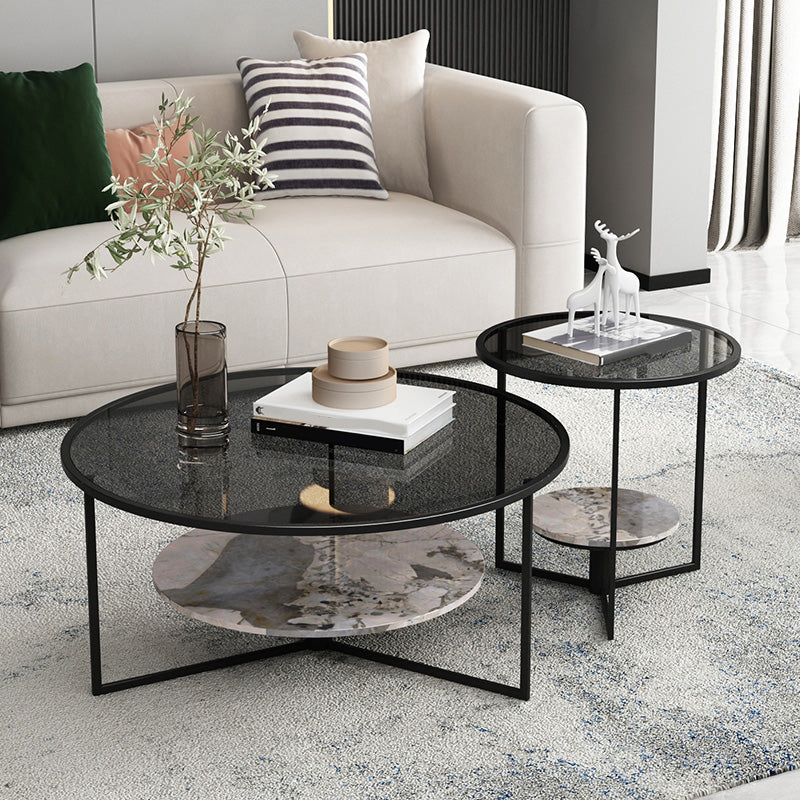 Contemporary Coffee Table Round Glass Top Cocktail Table with Storage