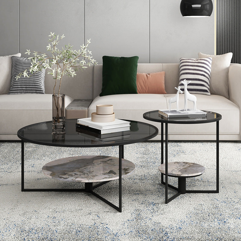 Contemporary Coffee Table Round Glass Top Cocktail Table with Storage