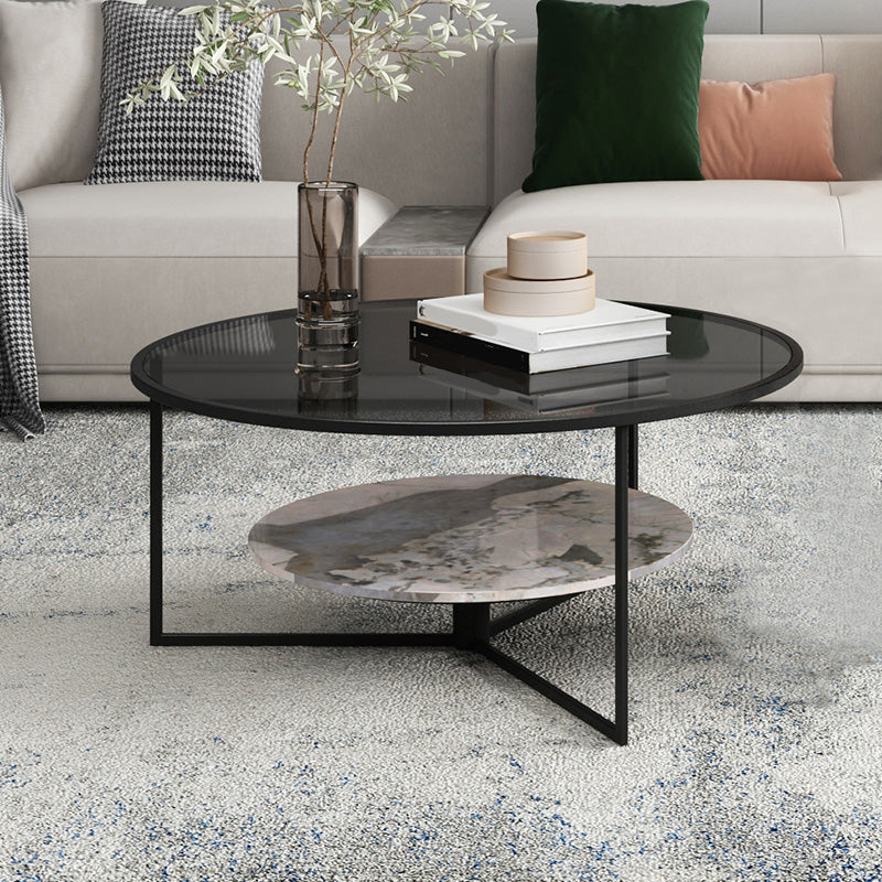 Contemporary Coffee Table Round Glass Top Cocktail Table with Storage