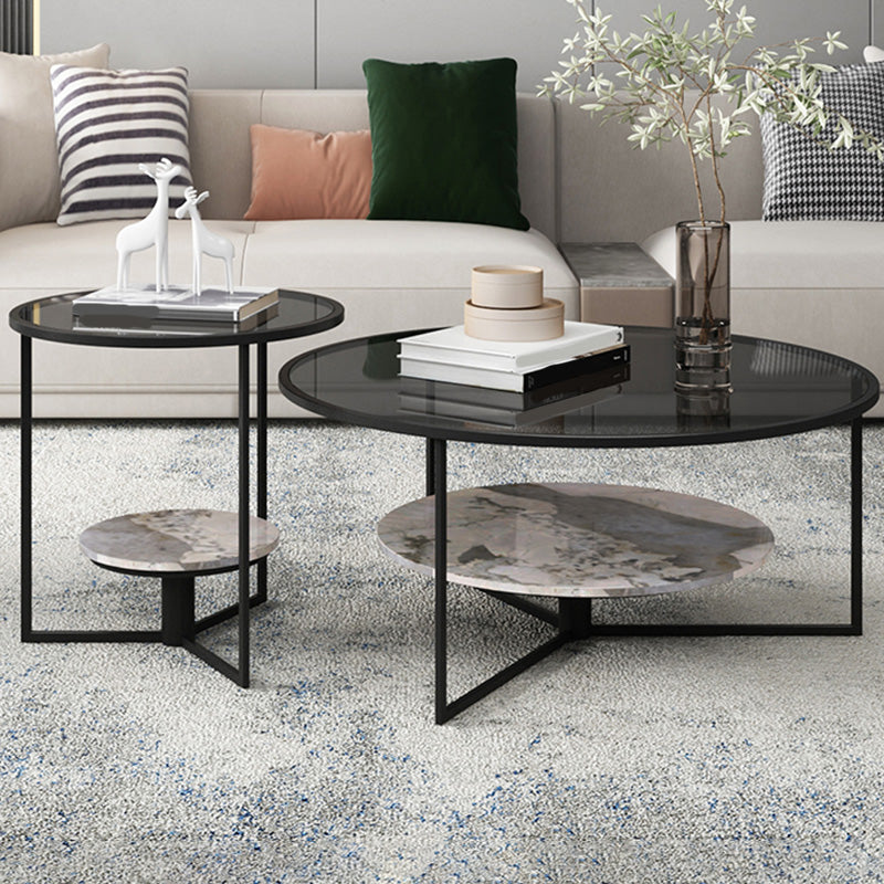 Contemporary Coffee Table Round Glass Top Cocktail Table with Storage