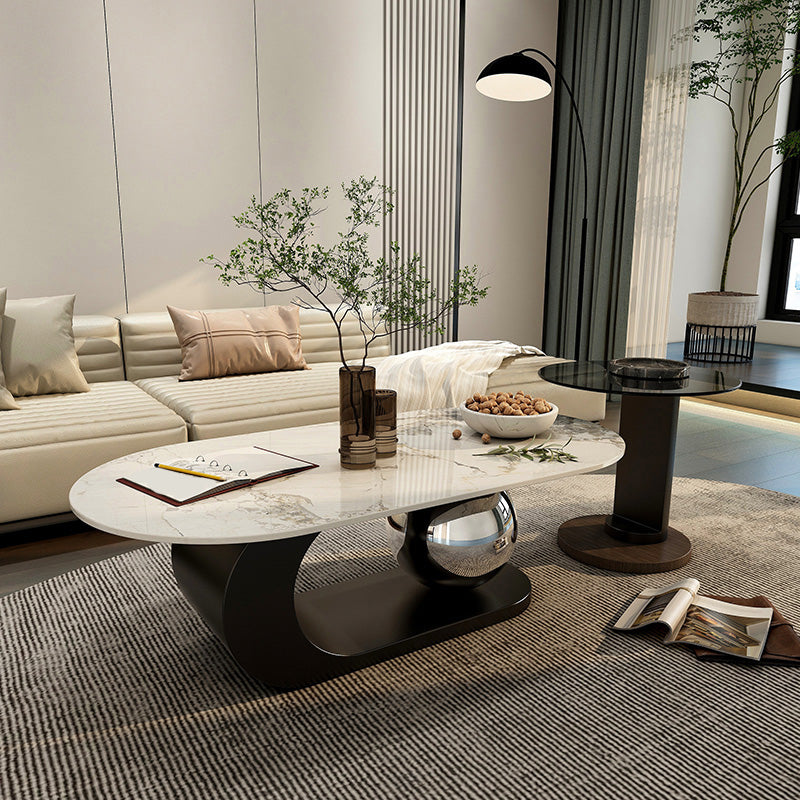 14"H Glam Coffee Table Slate Oval Pedestal Coffee Cocktail Table