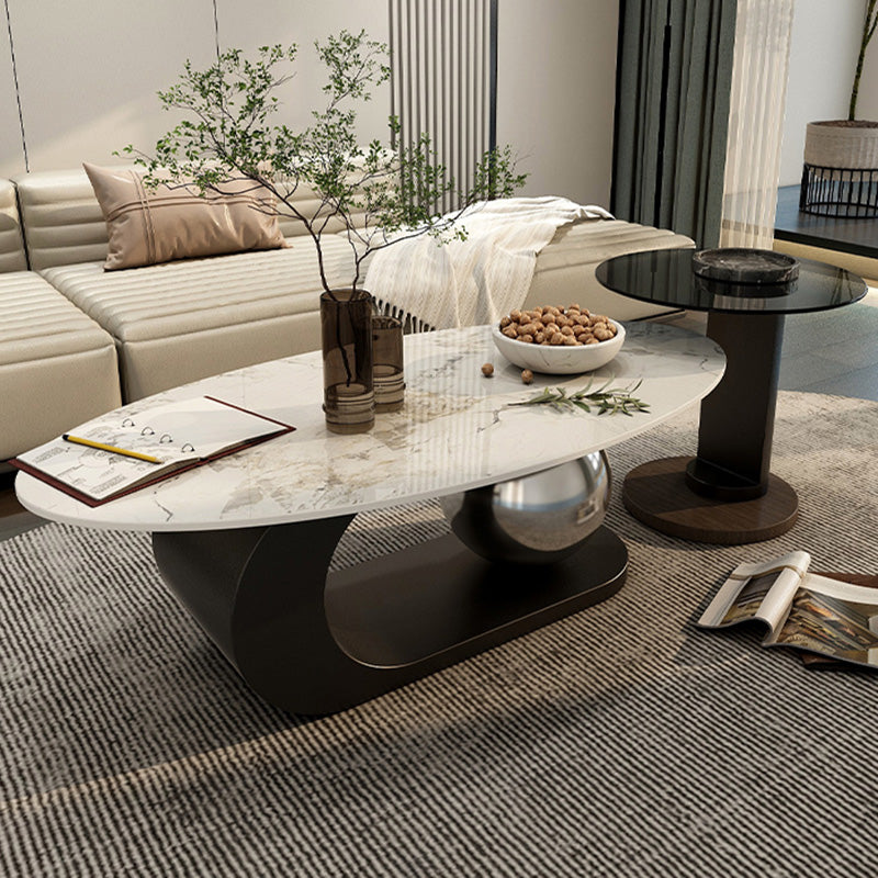 14"H Glam Coffee Table Slate Oval Pedestal Coffee Cocktail Table