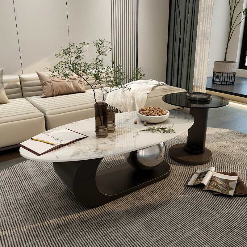 14"H Glam Coffee Table Slate Oval Pedestal Coffee Cocktail Table