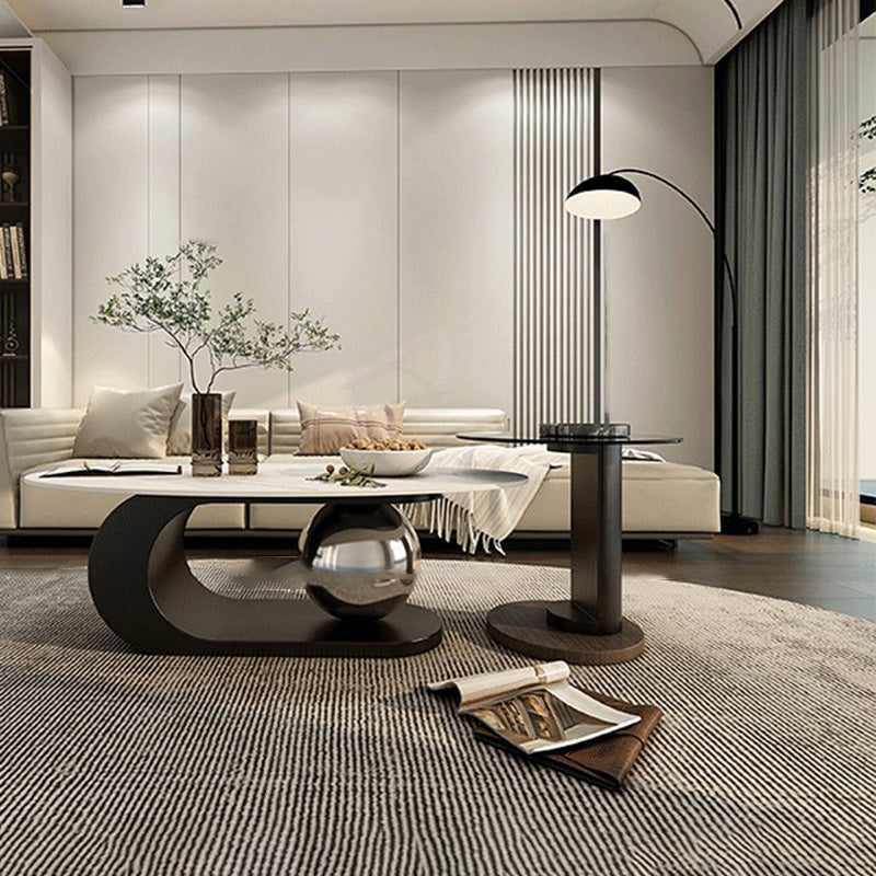 14"H Glam Coffee Table Slate Oval Pedestal Coffee Cocktail Table