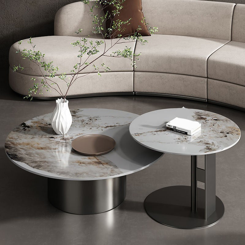 Modern Round Slate Cocktail Table Stainless Steel Pedestal Coffee Table