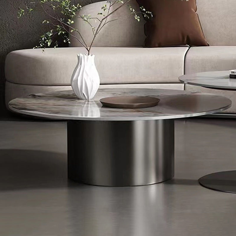 Modern Round Slate Cocktail Table Stainless Steel Pedestal Coffee Table
