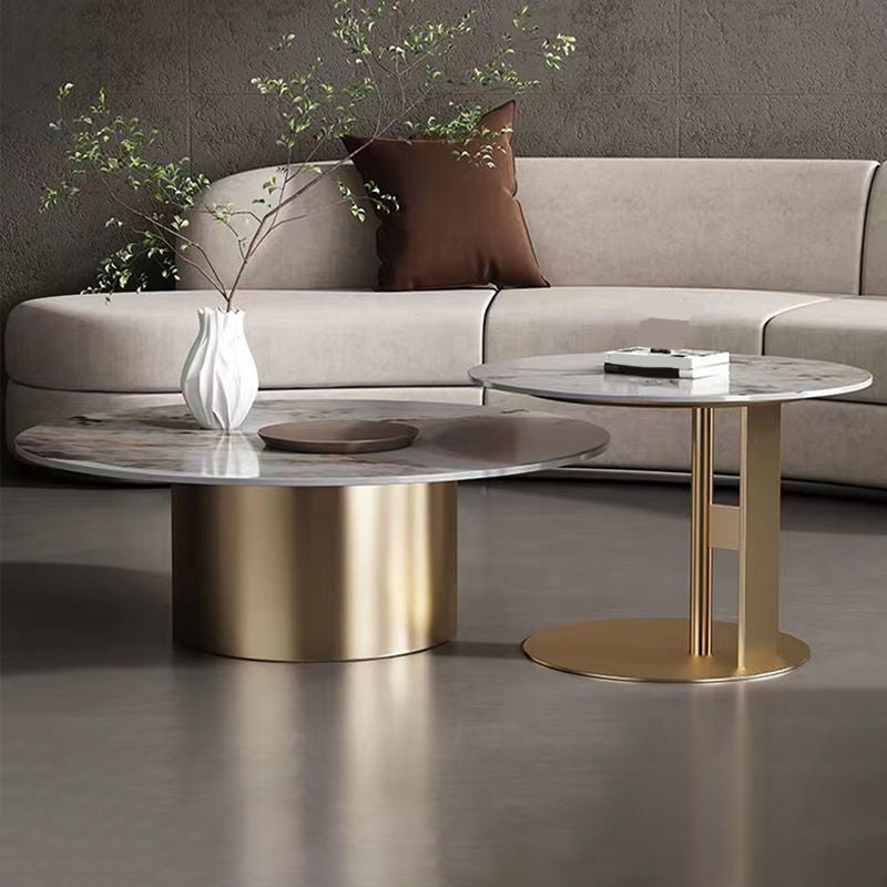 Modern Round Slate Cocktail Table Stainless Steel Pedestal Coffee Table