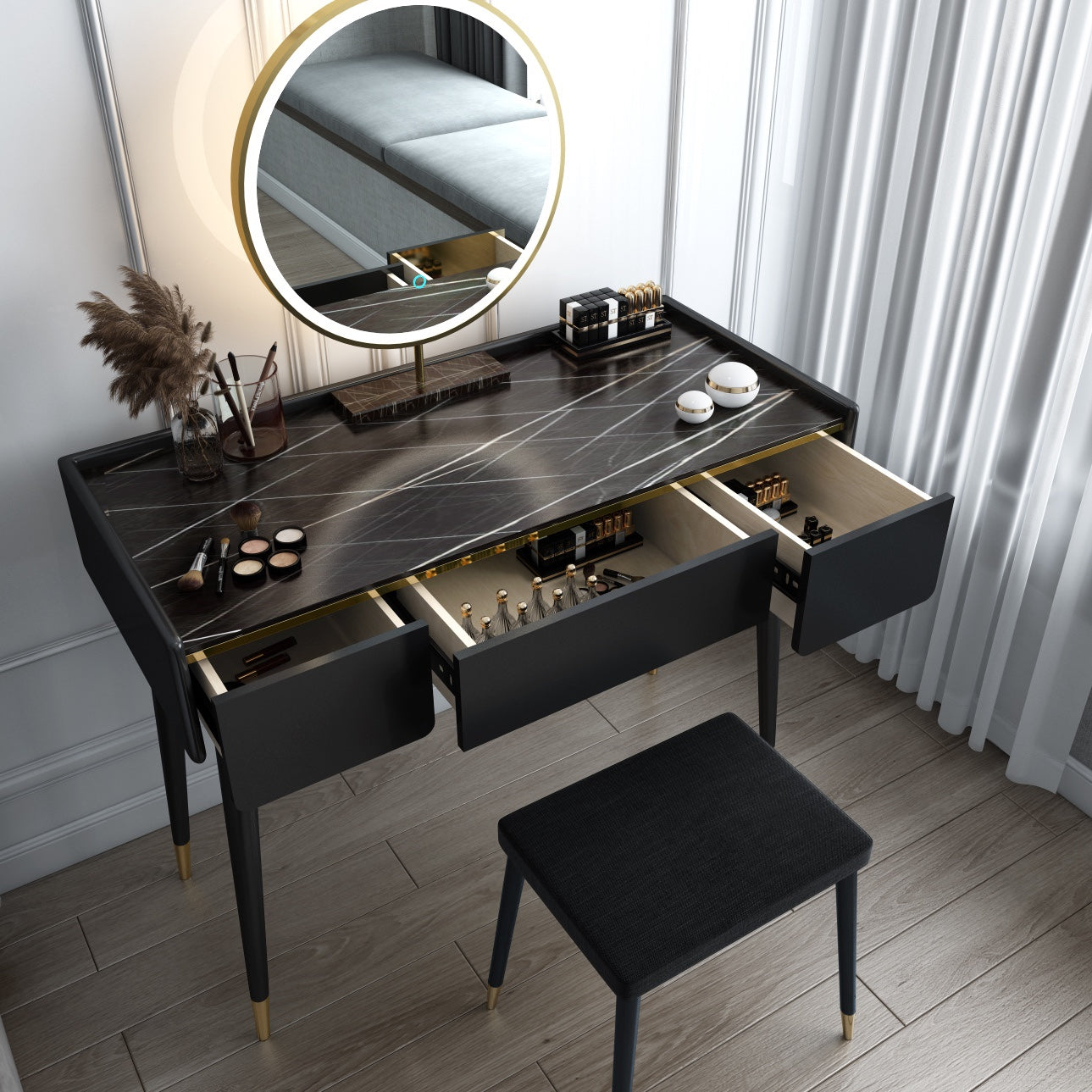 Glam Wooden Frame Dressing Table Slate Top Vanity with Drawers