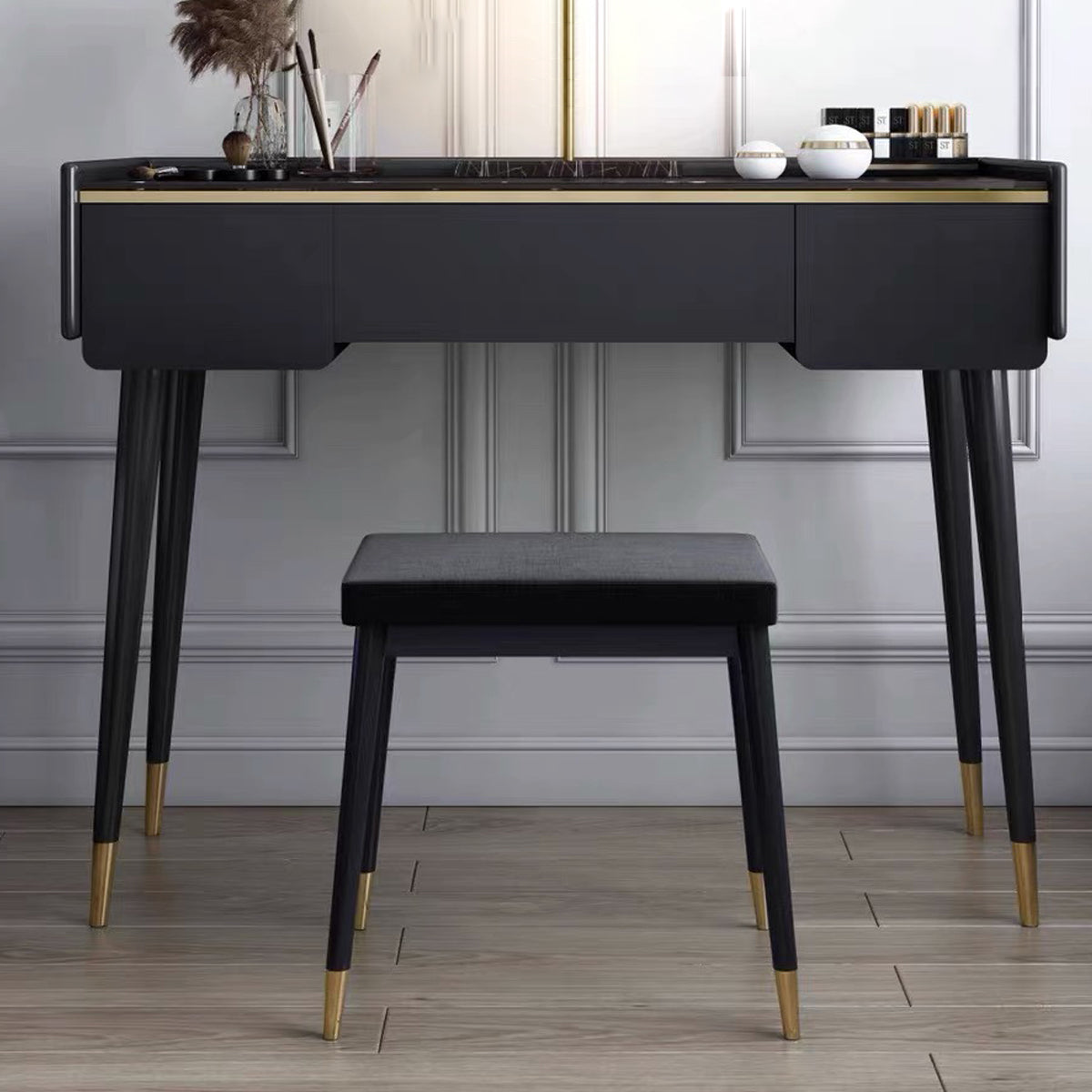 Glam Wooden Frame Dressing Table Slate Top Vanity with Drawers