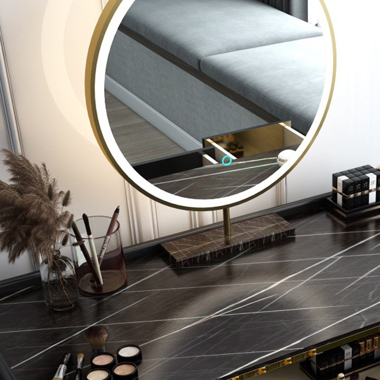 Glam Wooden Frame Dressing Table Slate Top Vanity with Drawers