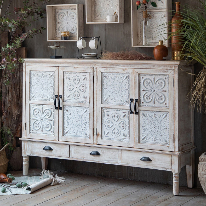 Industrial Rectangle Accent Cabinet Distressed Finish Fretwork Accent Cabinet