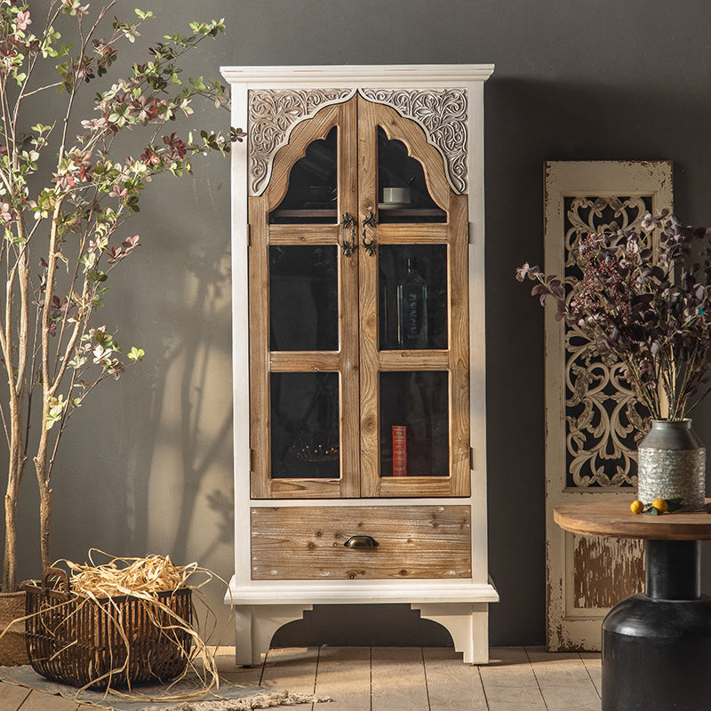 Industrial Wood Accent Cabinet Distressed Finish Fretwork Accent Cabinet