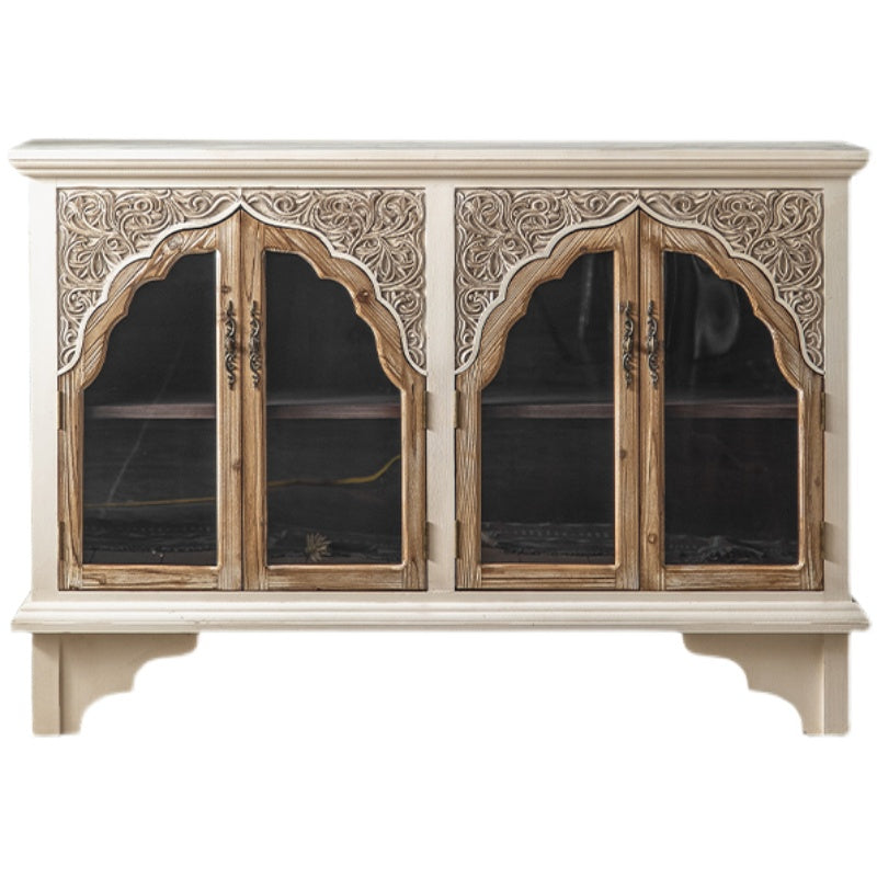 Industrial Wood Accent Cabinet Distressed Finish Fretwork Accent Cabinet
