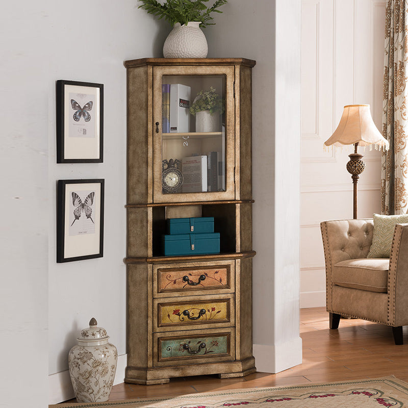 Industrial Corner Accent Cabinet Distressed Finish Fretwork Accent Cabinet