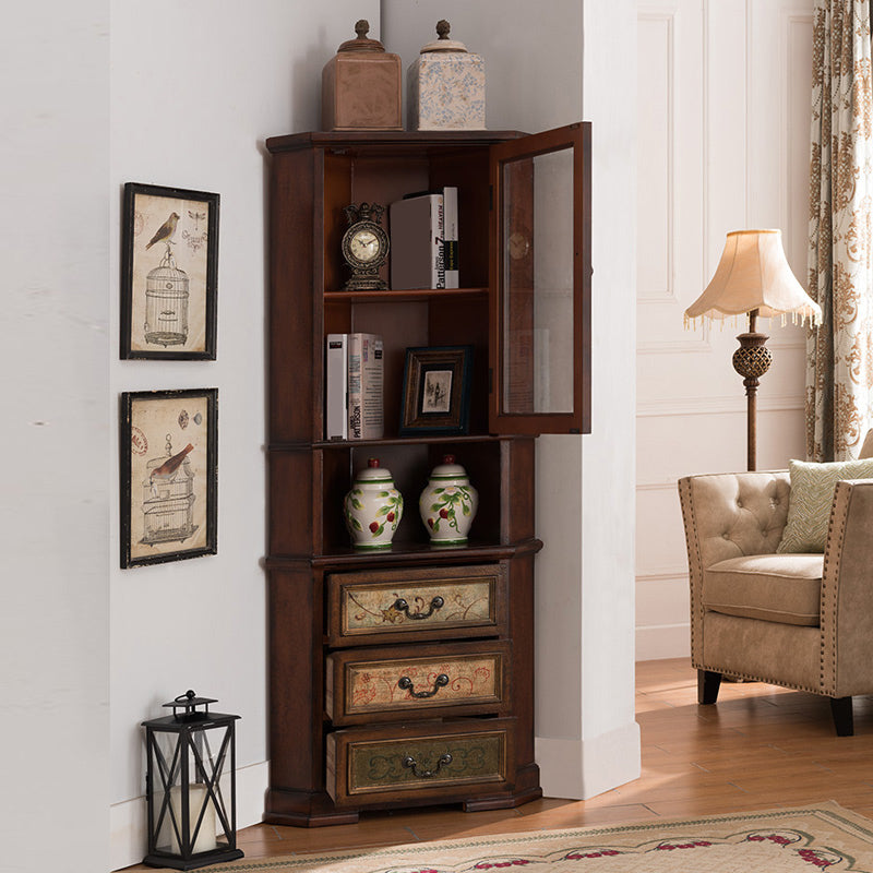 Industrial Corner Accent Cabinet Distressed Finish Fretwork Accent Cabinet